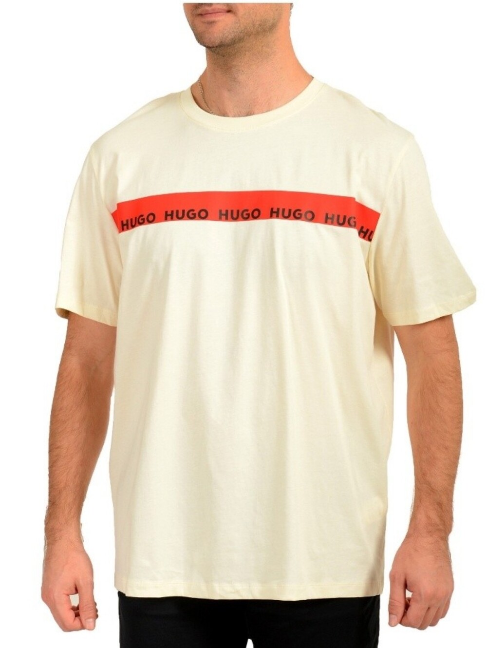 Sz L - HUGO Boss Men's Beige Cream Short-Sleeve Tee with Red Logo Band